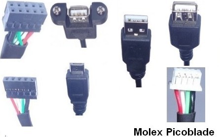USB 2.0 picoblade (1.25mm pitch) to pin header,plug and socket cables